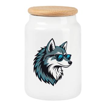 Stylish wolf in blue glasses - Cookie Jar with Wooden Lid - white - Front