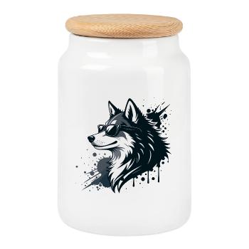Husky chic lunettes et splash - Boîte à biscuits avec couvercle en bois - blanc - Devant