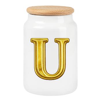 Goldenes U Monogramm - Keksdose mit Holzdeckel - Weiß - Vorne