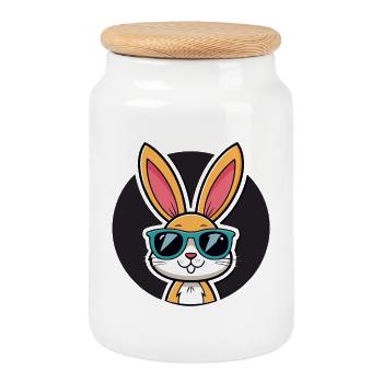 Lapin solaire en lunettes bleues - Boîte à biscuits avec couvercle en bois - blanc - Devant
