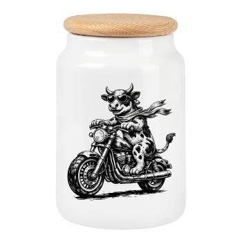 Cow Biker à moto - Boîte à biscuits avec couvercle en bois - blanc - Devant
