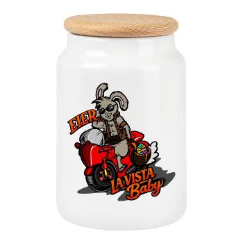 Eier Hasen Biker Motiv – Hasta La Vista Baby - Keksdose mit Holzdeckel - Weiß - Vorne