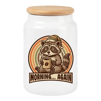 Morning grouch raccoon with coffee - Cookie Jar with Wooden Lid - white - Front