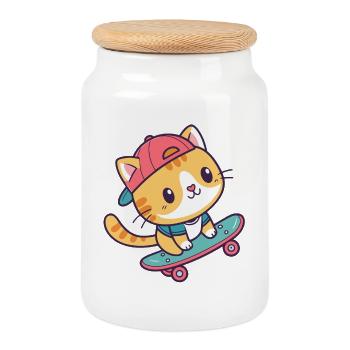 Colorful skate cat - Cookie Jar with Wooden Lid - white - Front