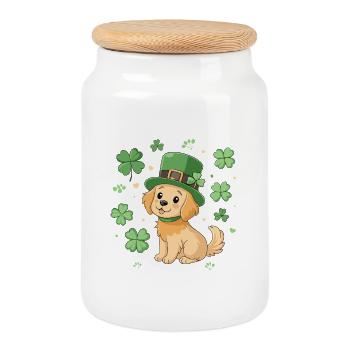 Labrador Leprechaun and Green Clover Dog - Cookie Jar with Wooden Lid - white - Front