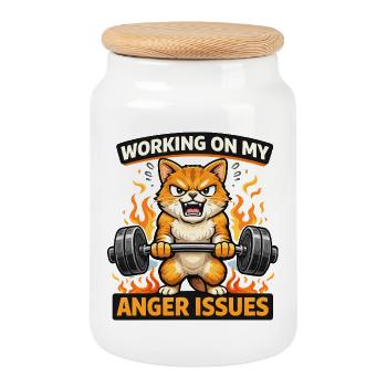 Angry Cat Lifts Weights Flaming Fury - Cookie Jar with Wooden Lid - white - Front