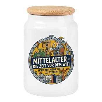 Mittelalter kein WLAN lustiger Spruch - Keksdose mit Holzdeckel - Weiß - Vorne