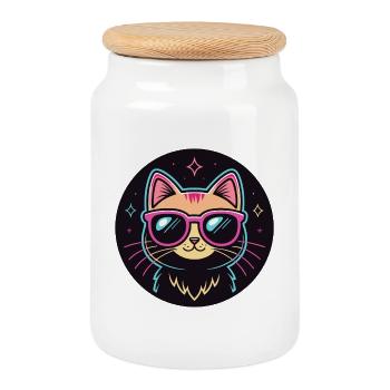 Chat Cartoon Néon Lunettes Rose - Boîte à biscuits avec couvercle en bois - blanc - Devant