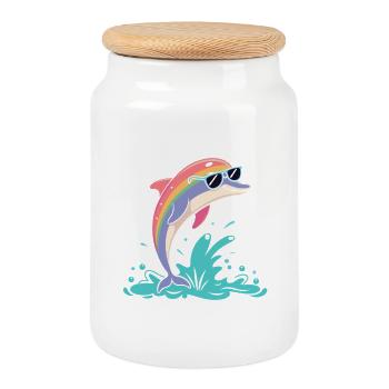 Rainbow dolphin glasses - Cookie Jar with Wooden Lid - white - Front