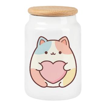 Kawaii Cat Heart Motif Cute Cat Design - Cookie Jar with Wooden Lid - white - Front