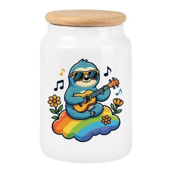 Paresseux avec guitare sur nuage arc-en-ciel hippie - Boîte à biscuits avec couvercle en bois - blanc - Devant