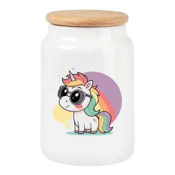Pastel unicorn in glasses and rainbow - Cookie Jar with Wooden Lid - white - Front
