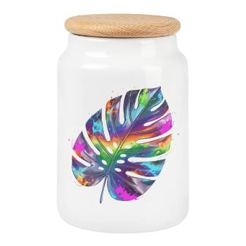 Rainbow Monstera Watercolor - Cookie Jar with Wooden Lid - white - Front