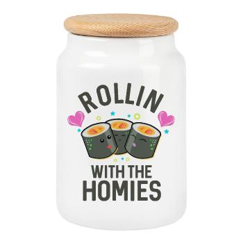 Rollin’ With The Homies Sushi Pun - Cookie Jar with Wooden Lid - white - Front