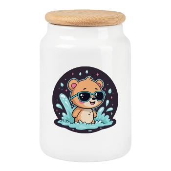 Chic surfer bear with blue glasses - Cookie Jar with Wooden Lid - white - Front