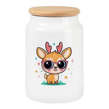 Cerf kawaii aux lunettes roses - Boîte à biscuits avec couvercle en bois - blanc - Devant