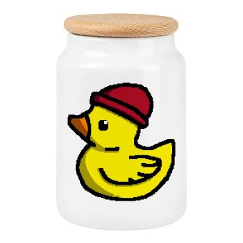 Cute Pixel Duck in Red Beanie - Cookie Jar with Wooden Lid - white - Front
