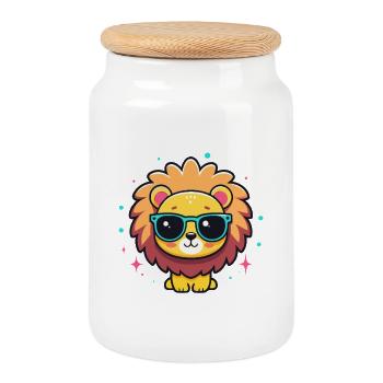 Kawaii-schicker Löwe mit blauer Brille - Keksdose mit Holzdeckel - Weiß - Vorne