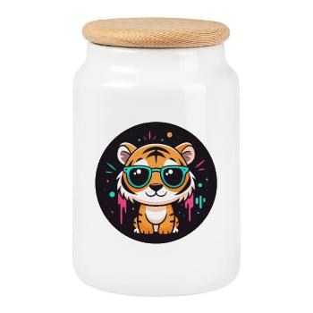 Tigre néon lunettes turquoise - Boîte à biscuits avec couvercle en bois - blanc - Devant