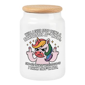 Licorne provocante avec sarcasme en pointant le majeur - Boîte à biscuits avec couvercle en bois - blanc - Devant