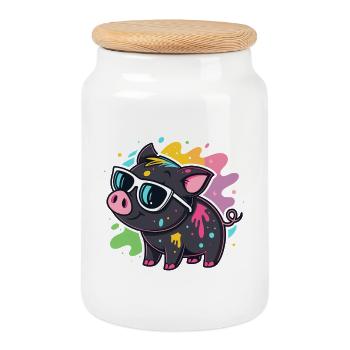 Cochon Art Spray et Lunettes - Boîte à biscuits avec couvercle en bois - blanc - Devant