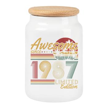 1987 Vintage Vintage Cadeau d’anniversaire Rétro - Boîte à biscuits avec couvercle en bois - blanc - Devant
