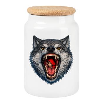 Tête de loup avec le Petit Chaperon rouge - Boîte à biscuits avec couvercle en bois - blanc - Devant