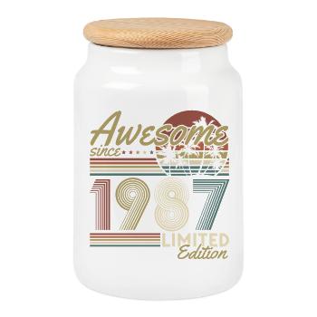 Cadeau rétro vintage d’anniversaire 1987 - Boîte à biscuits avec couvercle en bois - blanc - Devant
