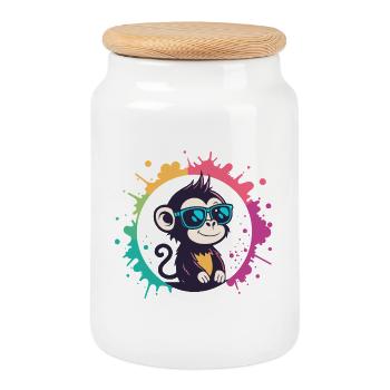 Monkey Splash Circle Blaue Brille - Keksdose mit Holzdeckel - Weiß - Vorne