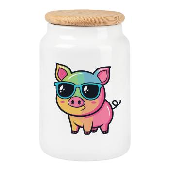 Colorful Pig Sunglasses Cool - Cookie Jar with Wooden Lid - white - Front