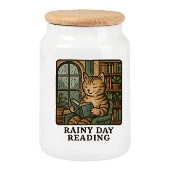 Rain cat reading - Cookie Jar with Wooden Lid - white - Front