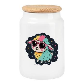 Mouton cosmique lunettes roses - Boîte à biscuits avec couvercle en bois - blanc - Devant