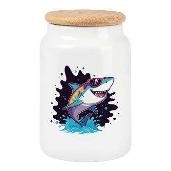 Requin Coloré lunette rose - Boîte à biscuits avec couvercle en bois - blanc - Devant