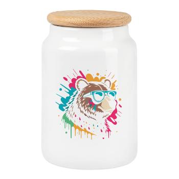 Pop-Art-Bär, buntes Glitzern - Keksdose mit Holzdeckel - Weiß - Vorne