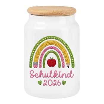 Schulkind 2026 Regenbogen - Keksdose mit Holzdeckel - Weiß - Vorne