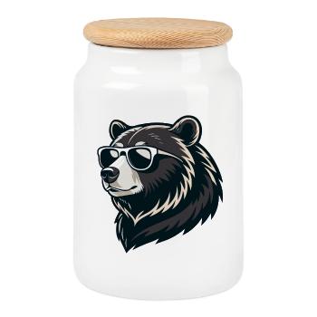 Bear in Graphic Sunglasses - Cookie Jar with Wooden Lid - white - Front