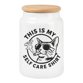 Cat Selfcare Shirt with Sunglasses Gift - Cookie Jar with Wooden Lid - white - Front