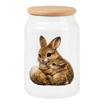 Hare hug mother and cub - Cookie Jar with Wooden Lid - white - Front