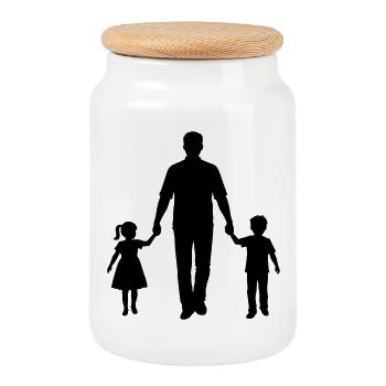 Silhouette père-enfant marchant famille Amour de père - Boîte à biscuits avec couvercle en bois - blanc - Devant