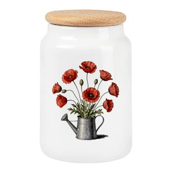 Poppies in a watering can - Cookie Jar with Wooden Lid - white - Front