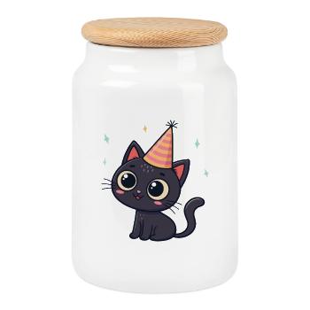 Kitten Party Kawaii Hat - Cookie Jar with Wooden Lid - white - Front
