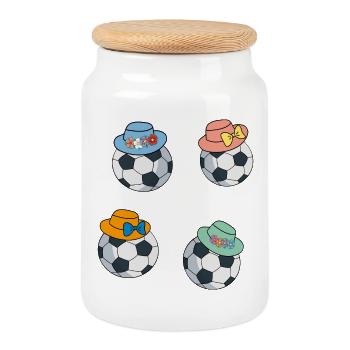 Ballons de football avec chapeau - Boîte à biscuits avec couvercle en bois - blanc - Devant