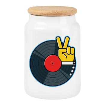 Album vinyle avec la main montrant le signe de la paix - Boîte à biscuits avec couvercle en bois - blanc - Devant