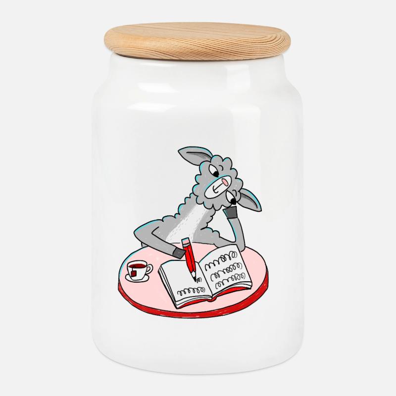 Lama writes diary - Cookie Jar with Wooden Lid - white