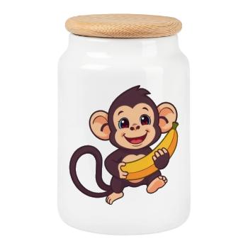 Singe mignon drôle avec cadeau de banane - Boîte à biscuits avec couvercle en bois - blanc - Devant