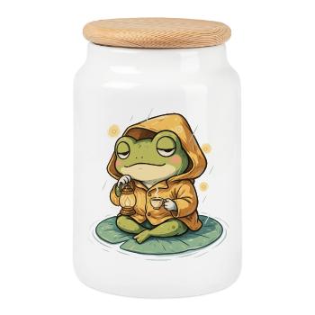 Frosch im Regenmantel - Keksdose mit Holzdeckel - Weiß - Vorne
