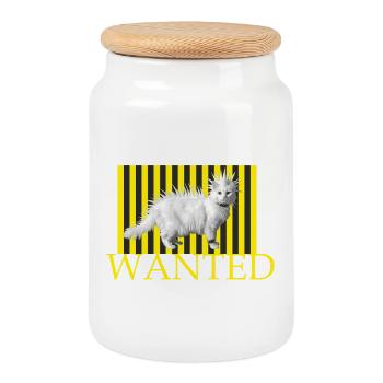Chat punk recherché sur des rayures jaunes - Boîte à biscuits avec couvercle en bois - blanc - Devant