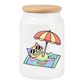 Beach Cat Pop Art Lounge Under Parasol - Cookie Jar with Wooden Lid - white - Front