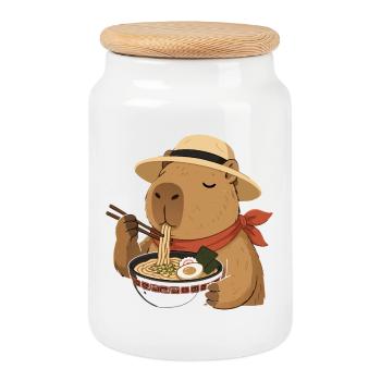 Capybara Ramen : Délice Japonais Kawaii - Boîte à biscuits avec couvercle en bois - blanc - Devant