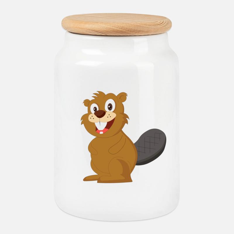 beaver - Cookie Jar with Wooden Lid - white